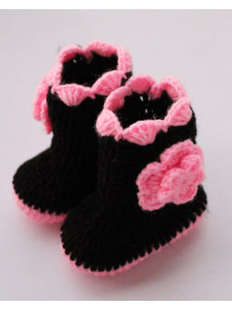 Woonie - Handmade Black and Pink Woolen Bootswith Floral Detail
