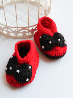 Woonie - Handmade Red Booties With Pearl Detail