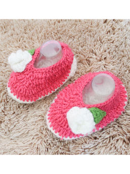 Woonie - Handmade Pink Booties With Floral Detail
