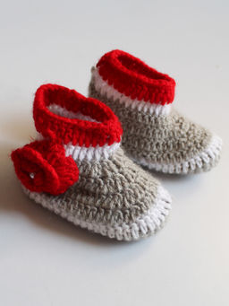 Woonie - Handmade Grey and Red Boots With Floral Detail