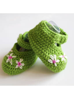 Woonie - Green Embroidered Handmade Woolen Booties For Kids