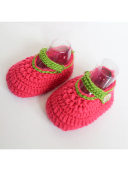 Woonie - Handmade Pink and Green Woolen Bootieswith Button Closure