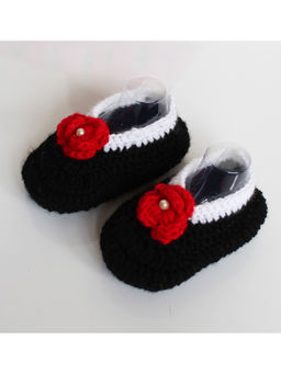Woonie - Handmade Black Booties With Red Floral Applique