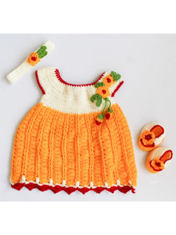 Woonie - Floral Frock with Headband and Booties-Orange Set of 3