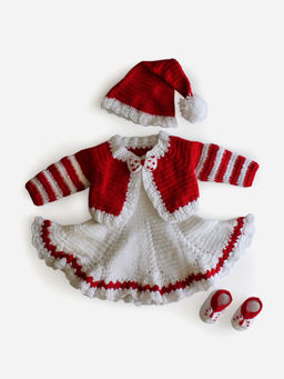 Woonie - Christam Dress with Shrug, Cap and Booties-White Set of 4