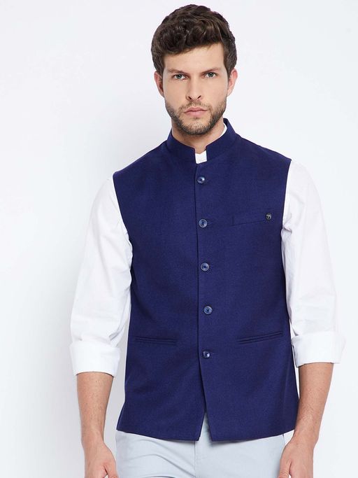 CRIMSOUNE CLUB Mens Navy Blue Solid Waist Coat