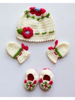 Woonie - Handmade Floral Embellished Cap With Mittens & Booties Cream (Set Of 3)