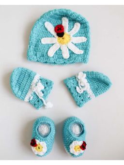 Woonie - Handmade Floral Design Cap With Mittens & Booties Blue (Set Of 3)