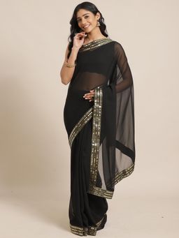 Akhilam - Black Festive Georgette Solid Saree With Unstitched Blouse