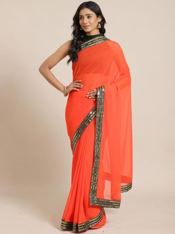 Akhilam - Orange Festive Georgette Solid Saree With Unstitched Blouse