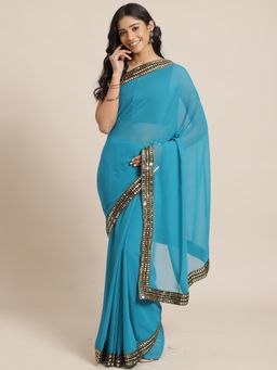 Akhilam - Teal Blue Festive Georgette Solid Saree With Unstitched Blouse