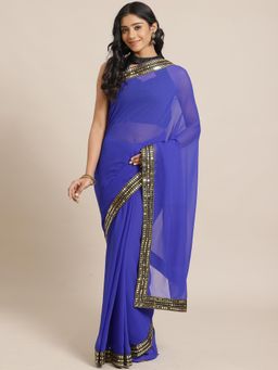 Akhilam - Blue Festive Georgette Solid Saree With Unstitched Blouse