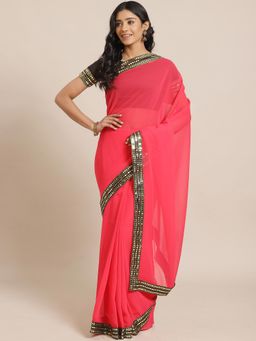 Akhilam - Pink Festive Georgette Solid Saree With Unstitched Blouse