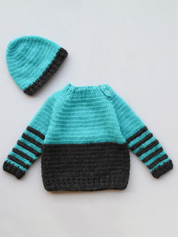 Woonie - Handmade Crochet Blue Ang Grey Sweater With Cap For Kids (Set of 2)