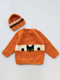 Woonie - Handmade Crochet Mustard Sweater With Cat Patch And Cap (Set of 2)