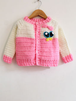 Woonie - Handmade Pink And Cream Front Openable Sweater With Eyes Applique