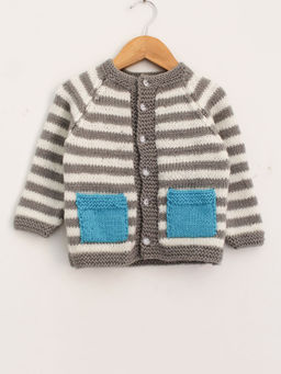 Woonie - Handknitted Sweater With Grey And Cream Stripes And Blue Pocket For Kids