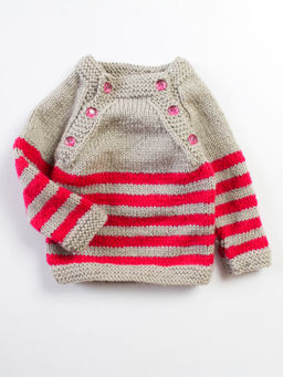 Woonie - Handknitted Grey Sweater With Magenta Stripes For Kids