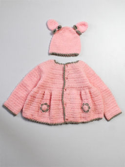 Woonie - Handmade Crochet Peach Sweater With Cap For Girls (Set of 2)