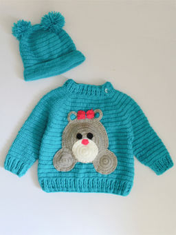 Woonie - Handmade Crochet Sea Green Sweater With Bear Patch For Kids (Set of 2)