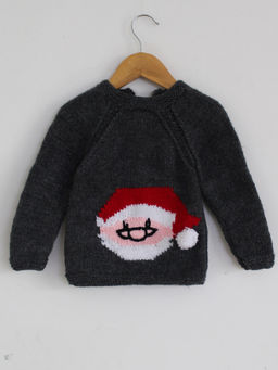 Woonie - Handknitted Santa Claus Patch Grey Sweater For Kids