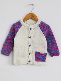 Woonie - Handmade Crochet Cream Sweater With Multicolour Sleeves For Kids