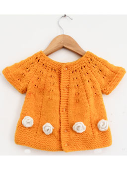Woonie - Handknitted Orange Sweater With Flower Patches For Kids
