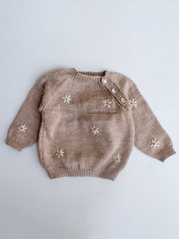 Woonie - Handknitted Beige Sweater With Flower Embroidery For Kids