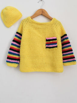 Woonie - Handmade Crochet Yellow Sweater With Multicolour Stripes For Kids (Set of 2)