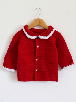 Woonie - Handmade Crochet Red Sweater With Fur Border For Kids