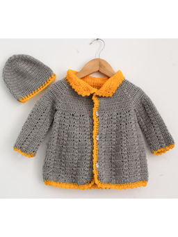 Woonie - Handmade Crochet Grey Cardigan With Orange Border For Kids (Set of 2)