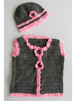 Woonie - Handmade Grey Sleeveless Cardigan With Cap (Set of 2)