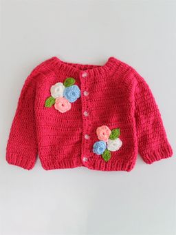 Woonie - Handmade Pink Floral Cardigan For Girls