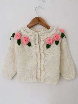 Woonie - Handmade Cream Cardigan With Floral Neckline For Kids