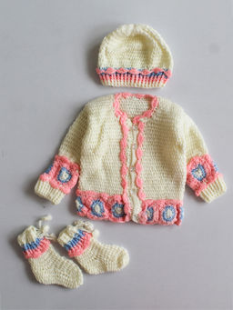Woonie - Handmade Cream Cardigan With Matching Cap And Booties (Set of 3)