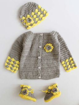 Woonie - Grey Cardigan Set with Cap and Boots (Set of 3)