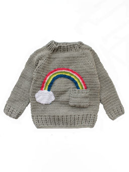 Woonie - Handmade Grey Sweater With Rainbow And Cloud Applique