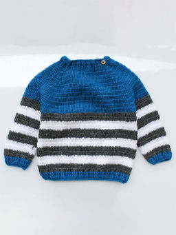 Woonie - Handmade Blue Sweater With Black And White Stripes