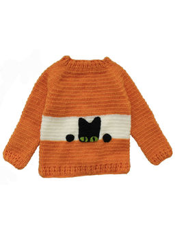Woonie - Handmade Crochet Mustard Coloured Sweater With Cat Patch For Kids