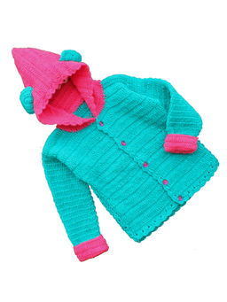 Woonie - Handmade Crochet Turquoise Sweater With Pink Hood For Kids