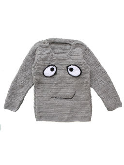 Woonie - Handmade Crochet Grey Sweater With Eyes And Lips Patch For Kids