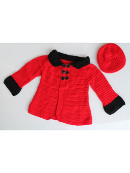 Woonie - Handmade Crochet Black Collared Red Sweater With Cap For Girls (Set of 2)