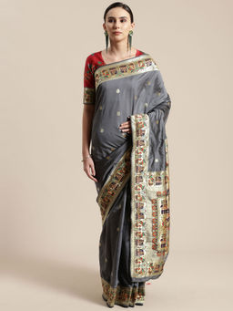Sareemall - Grey Silk Embroidered Saree with Unstitched Blouse