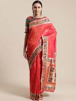 Sareemall - Peach Festive Silk Blend Woven Saree With Unstitched Blouse