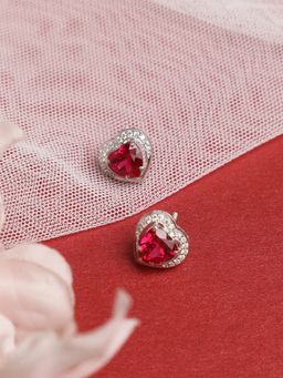 CLARA - Silver Rhodium Plated Swiss Zirconia Blood Red Heart Stud Earrings Gift for Women & Girls