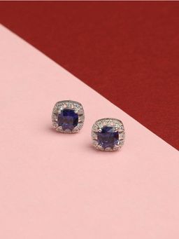 CLARA - Silver Rhodium Plated Swiss Zirconia Royal Blue Cushion Stud Earrings Gift for Women & Girls