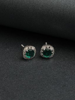 CLARA - Silver Rhodium Plated Swiss Zirconia Dark Green Cushion Stud Earrings Gift for Women & Girls