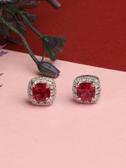 CLARA - Silver Rhodium Plated Swiss Zirconia Blood Red Cushion Stud Earrings Gift for Women & Girls