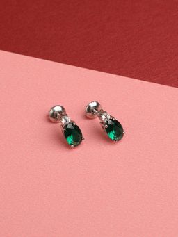 CLARA - Silver Rhodium Plated Swiss Zirconia Dark Green Oval Stud Earrings Gift for Women & Girls
