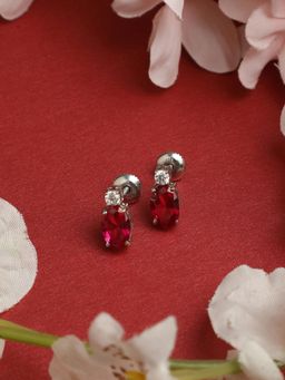 CLARA - Silver Rhodium Plated Swiss Zirconia Blood Red Oval Stud Earrings Gift for Women & Girls